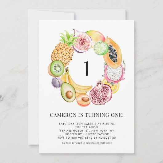 水彩トロピカルフルーツサマーファースト誕生日 招待状 (正面)