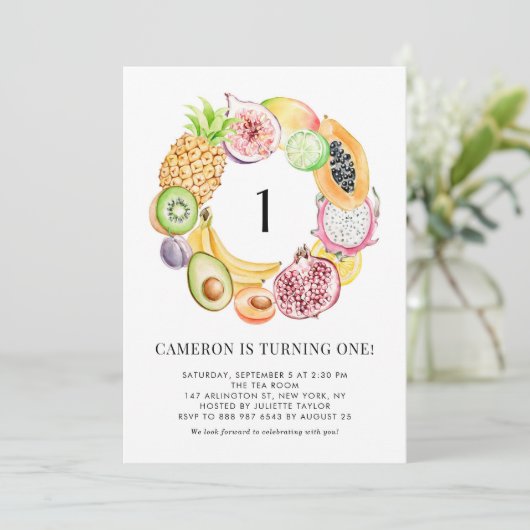 水彩トロピカルフルーツサマーファースト誕生日 招待状 (スタンド正面)