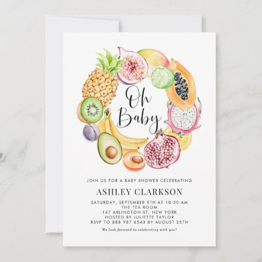 水彩トロピカルフルーツ夏の赤ちゃんシャワー 招待状 (正面)