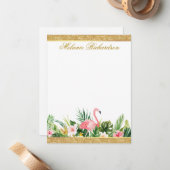 水彩トロピカルフローラピンクフラミンゴグリッター ノートカード (正面/裏面インサイチュ)