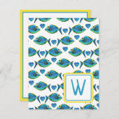 水彩トロピカルブルーの魚とハートのモノグラム ノートカード (正面/裏面)