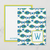 水彩トロピカルブルー魚とハートのモノグラム ノートカード (正面/裏面)