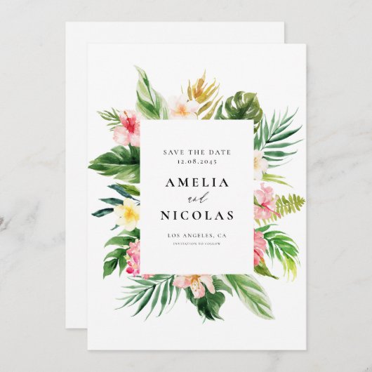 水彩トロピカルボタニカルフレーム 夏 セーブザデート (正面/裏面)