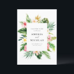 水彩トロピカルボタニカルフレーム 夏 セーブザデート<br><div class="desc">家族や友人に向けて結婚式の日程を発表するのに最適な、オリジナルでカスタマイズ可能な「Save the Date」カードです。トロピカルな花と緑の水彩フレームが特徴です。名前、日付、会場、その他の詳細を記入してパーソナライズできます。このトロピカルな「Save the Date」カードは、夏の結婚式にぴったりです。</div>