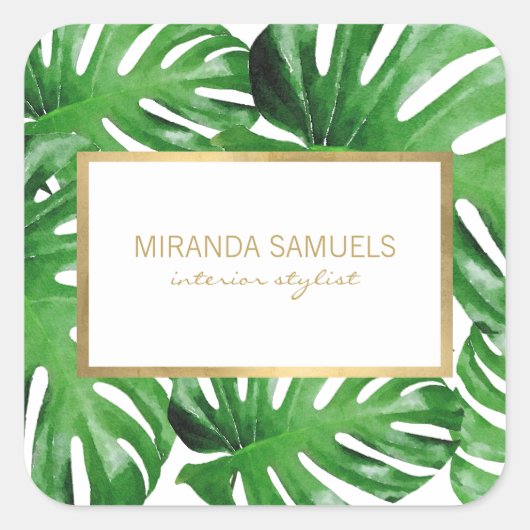 水彩トロピカルモンステラの葉のパターン スクエアシール (正面)
