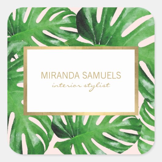 水彩トロピカルモンステラの葉のパターン ピンク スクエアシール (正面)