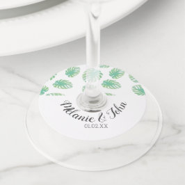 水彩トロピカルモンステラの葉 - カップル名 ワイングラスタグ