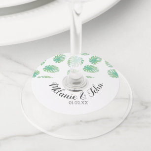 水彩トロピカルモンステラの葉 - カップル名 ワイングラスタグ