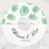 水彩トロピカルモンステラ葉 – カップル名 ワイングラスタグ (正面)