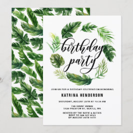 水彩トロピカルリーフの花輪誕生日パーティー 招待状