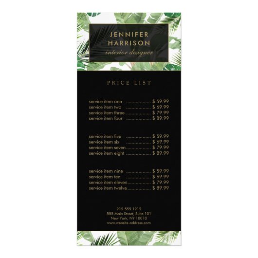 水彩トロピカルリーフパターン ブラック/ホワイト ラックカード (正面)