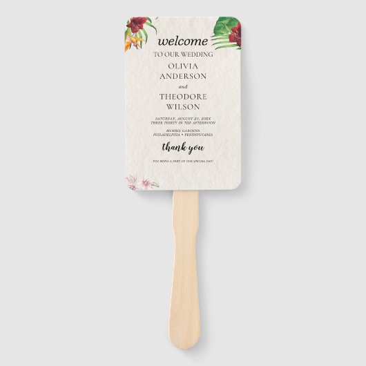 水彩トロピカル結婚式 プログラムとタイムライン ハンドファン (正面)