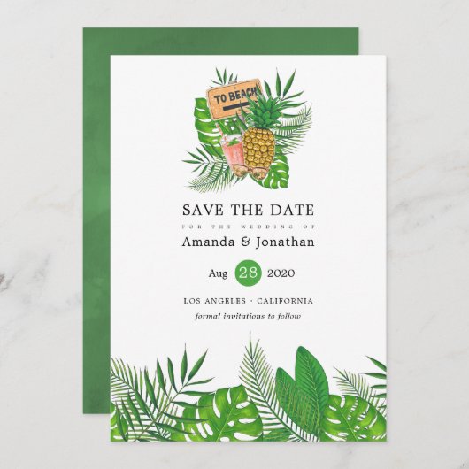 水彩トロピカル サマー ビーチ ウェディング セーブザデート (正面/裏面)