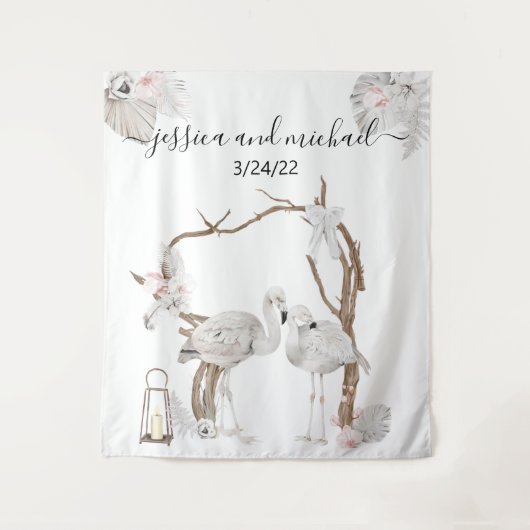 水彩トロピカル フラミンゴ ボヘミアンホワイト フローラル タペストリー (正面)