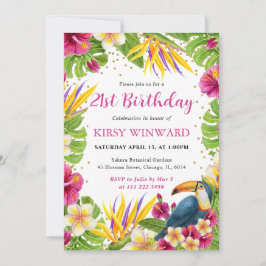 水彩トロピカル フローラル フレーム ケツァール 鳥 誕生日 招待状
