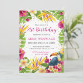 水彩トロピカル フローラル フレーム ケツァール 鳥 誕生日 招待状 (スタンド正面)