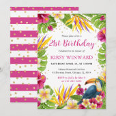 水彩トロピカル フローラル フレーム ケツァール 鳥 誕生日 招待状 (正面/裏面)