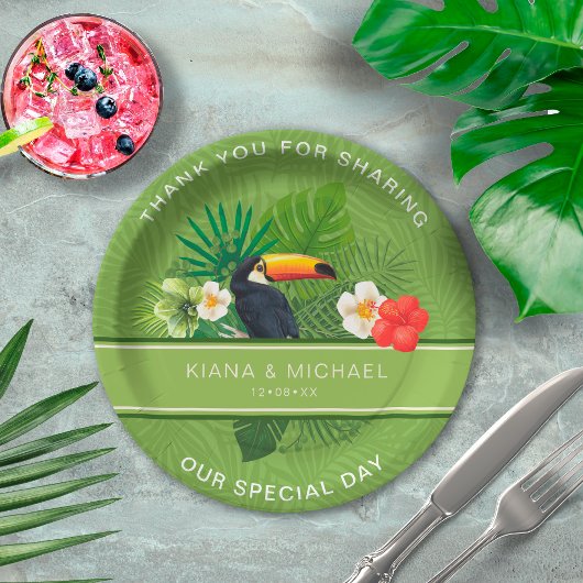 水彩トロピカルw/トゥーカンありがとうグリーンID577 ペーパープレート