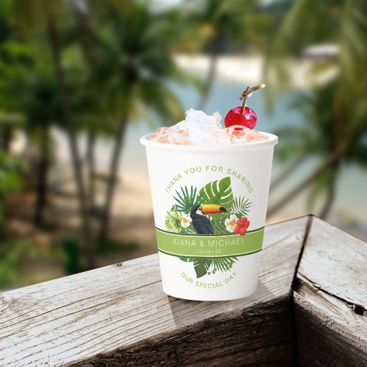 水彩トロピカルw/トゥーカンありがとうグリーンID577 紙コップ