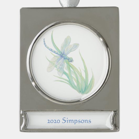 水彩トンボ（青い緑） シルバープレートバナーオーナメント (正面)