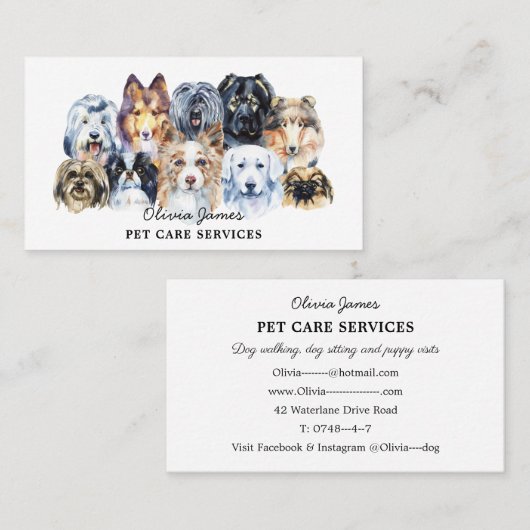 水彩ドッグウォーカーペットシッター名刺 名刺 (正面/裏面)