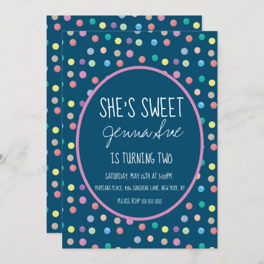 水彩ドットバースデーパーティーピンク 招待状 (正面/裏面)