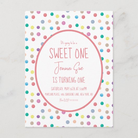 水彩ドット ファーストバースデーパーティー カラフル ポストカード (正面)