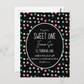 水彩ドット ファーストバースデーパーティー ブラック ポストカード (正面/裏面)