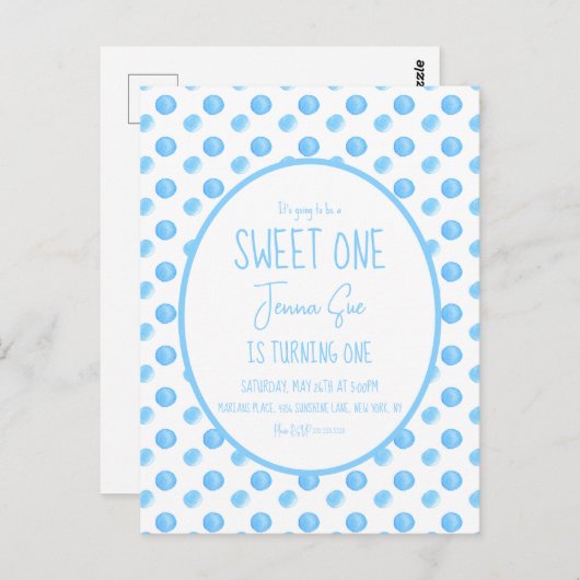 水彩ドット ファーストバースデーパーティー ブルー ポストカード (正面/裏面)