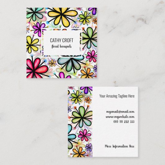 水彩ドルデイジーフラワーパターンテンプレートSq スクエア名刺 (正面/裏面)