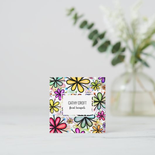 水彩ドルデイジーフラワーパターンテンプレートSq スクエア名刺 (スタンド正面)