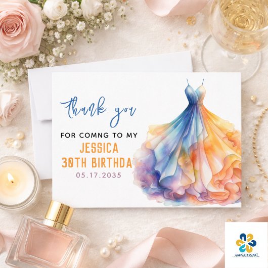 水彩ドレス 30歳の誕生日 エレガントでフェミニン サンキューカード