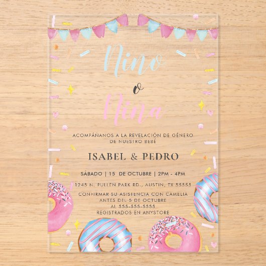 水彩ドーナツと紙吹雪スペインの性別の表示 アクリル招待状 (正面)
