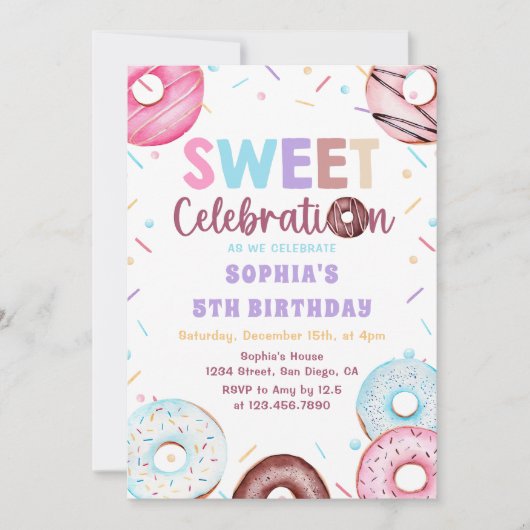 水彩ドーナツスイートバースデーパーティーの招待 招待状 (正面)