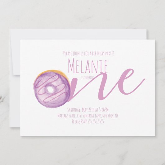水彩ドーナツファースト誕生日スウィートパーティーパープル 招待状 (正面)