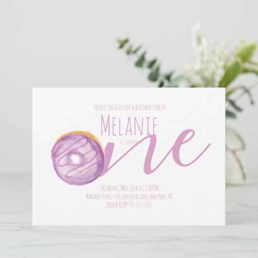 水彩ドーナツファースト誕生日スウィートパーティーパープル 招待状 (スタンド正面)