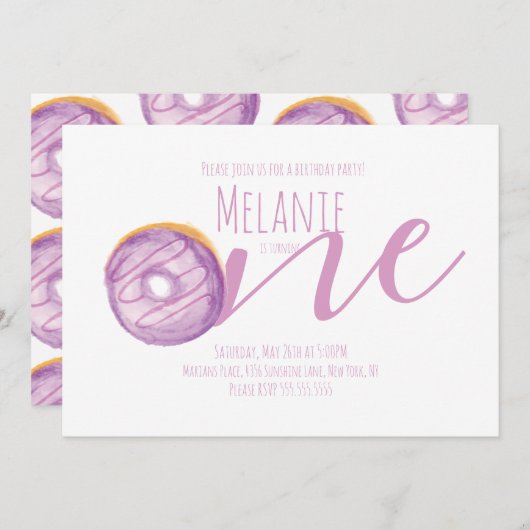 水彩ドーナツファースト誕生日スウィートパーティーパープル 招待状 (正面/裏面)