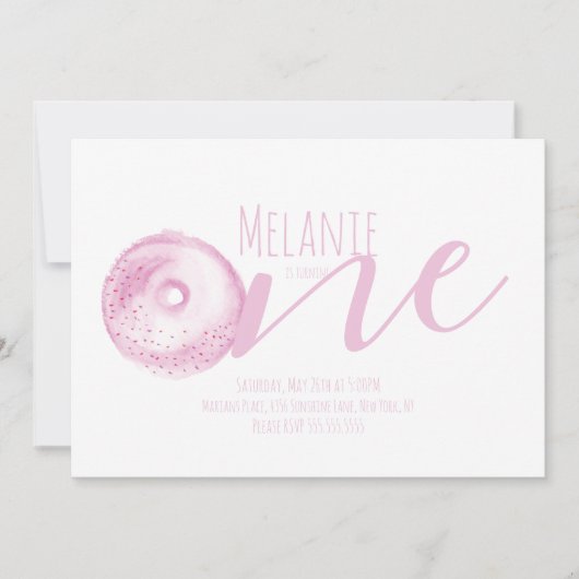 水彩ドーナツファースト誕生日スウィートパーティーピンク 招待状 (正面)