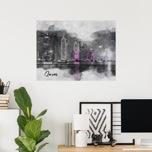 水彩ナイトカタールポスター – ドーハシティスカイライン ポスター (ホームオフィス)