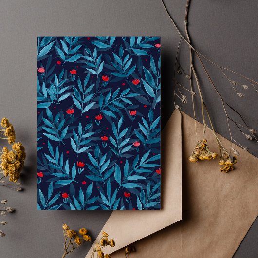 水彩ナイトガーデン – ターコイズ、青と赤 ポストカード