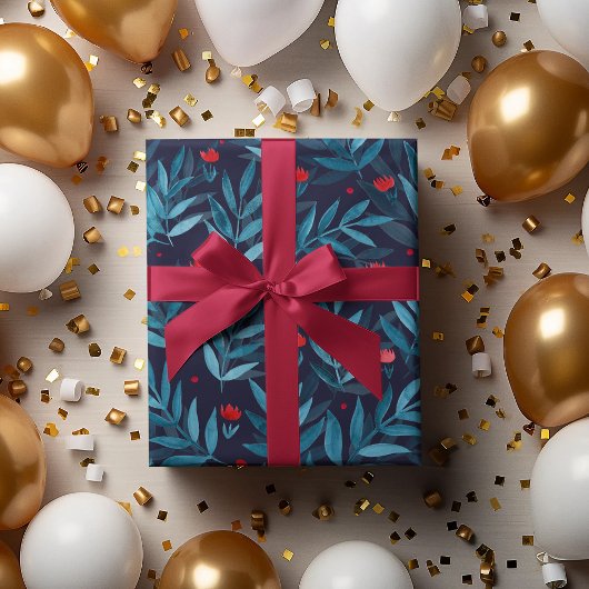 水彩ナイトガーデン – ターコイズ、青と赤 ラッピングペーパーシート