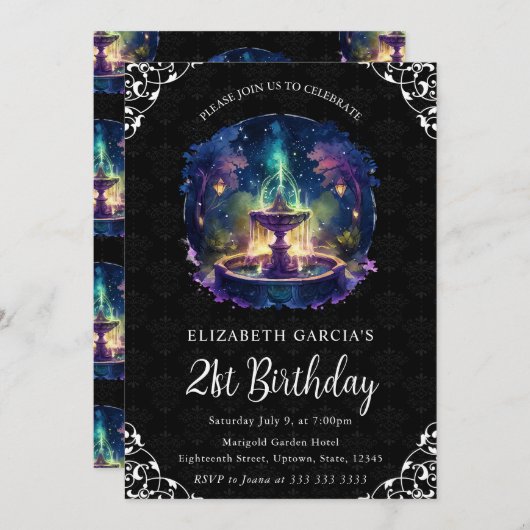 水彩ナイトファンタジー噴水21歳の誕生日 招待状 (正面/裏面)