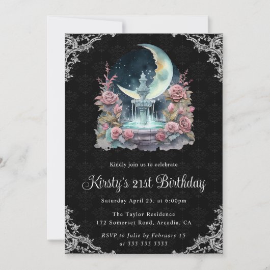 水彩ナイトフローラ噴水21歳の誕生日 招待状 (正面)