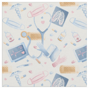水彩ナース Dr. Medical Collage Blue Pink ファブリック