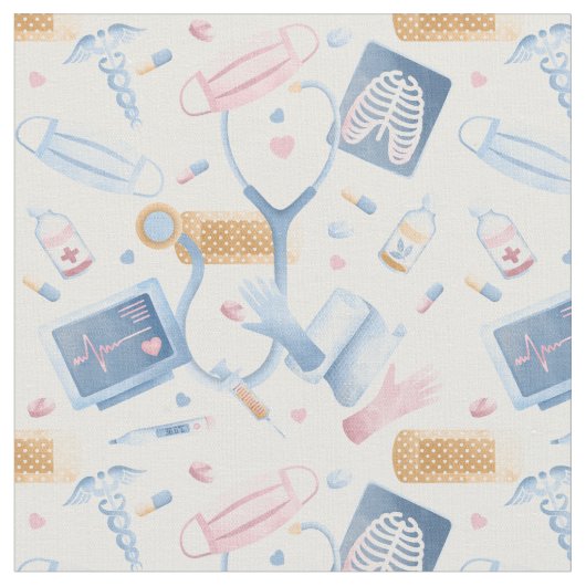 水彩ナース | Dr. Medical Collage Blue Pink ファブリック (クローズアップ)