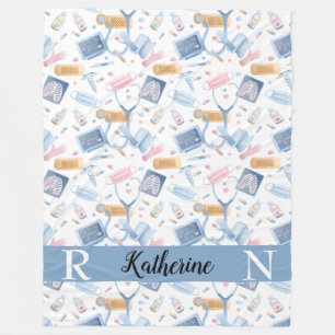 水彩ナース   Dr. Medical Collage Blue Pink フリースブランケット