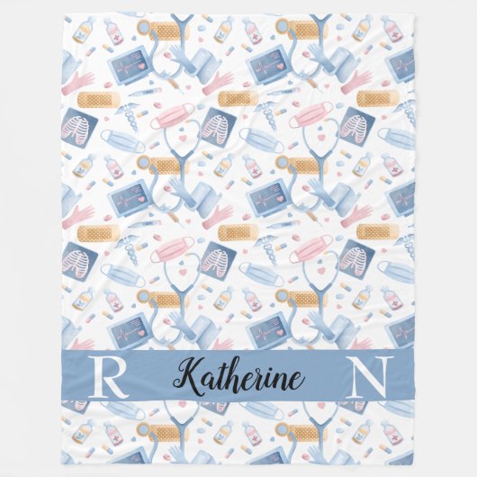 水彩ナース | Dr. Medical Collage Blue Pink フリースブランケット (正面)