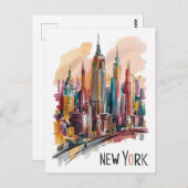 水彩ニューヨークシティスカイライン ポストカード (正面/裏面)