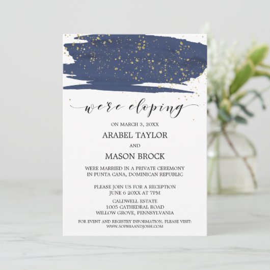 水彩ネイビーとゴールドのエロープメント レセプション 招待状 (スタンド正面)