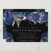 水彩ネイビーとシルバーのローズのウェディング 招待状 (正面/裏面)